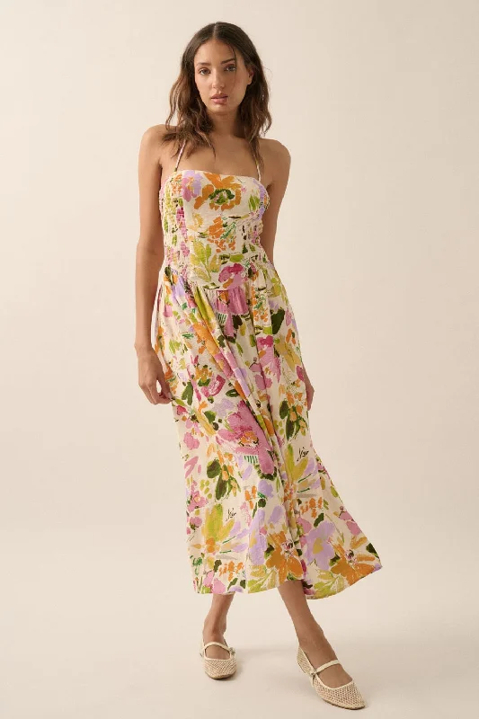 Spaghetti strap dresses for womenAlyce Sleeveless Floral Print Smocked Halter Midi Dress Cream