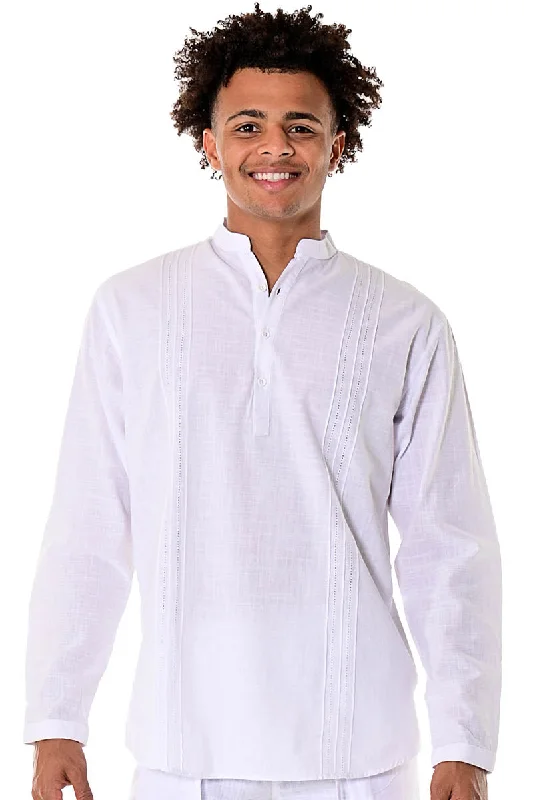 Wrinkle-resistant women's topsBohio Men's Cotton Beach Summer Casual Pin-Tuck Banded Collar Long Sleeve Shirt in (3) Colors-MCS1079