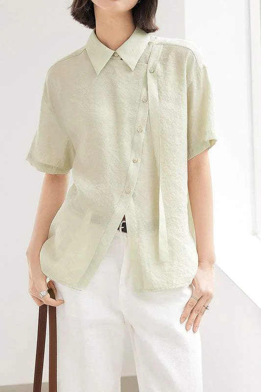 Luxury women's topsSide Tie Front Slit Diagonal Button Shirt