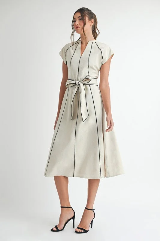 Transitional dresses for in-between seasonsNova Short Sleeve Stripe Contrast Waist Tie Linen Midi Dress Natural