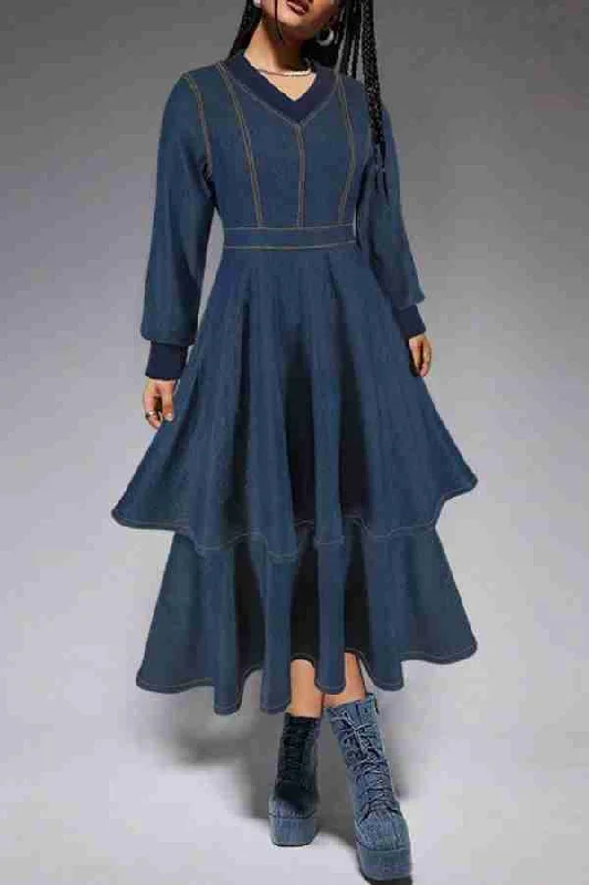 Godet dresses for womenContrast-Stitch Denim V Neck Urban Tiered Midi Dress