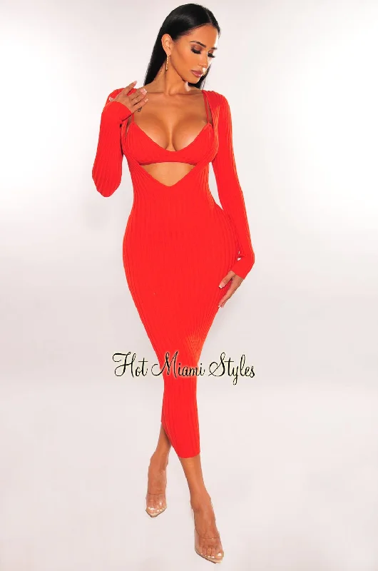 Vintage women's dressesBurnt Orange Ribbed Knit Plunge Neck Long Sleeve Midi Dress + Bralette