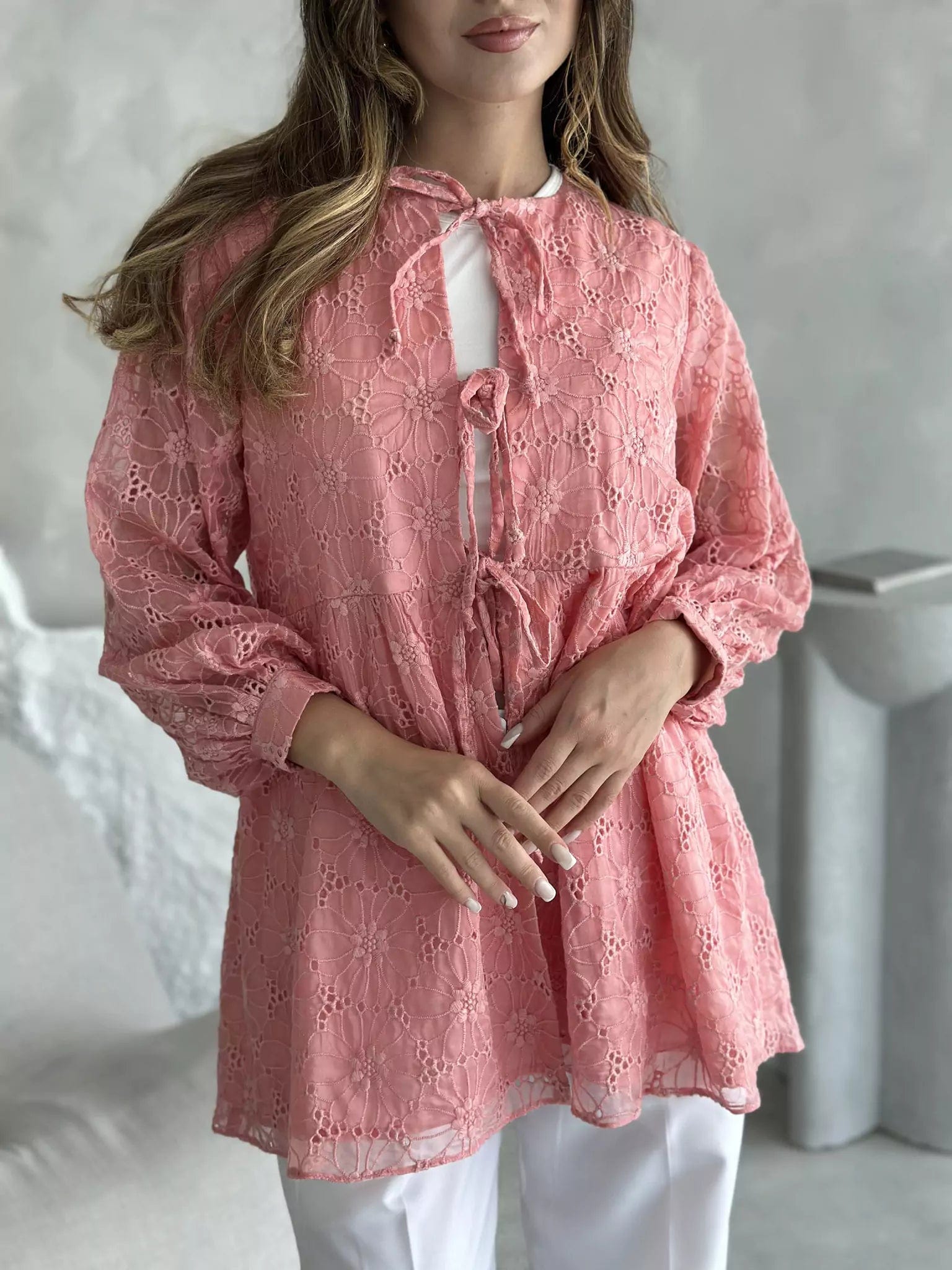 Metallic women's topsFlossie Peach Embroidered Shirt