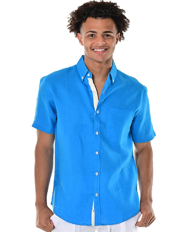 Tall women's topsBohio Men's 100% Linen Short Sleeve Shirt w/Pocket & Contrast Buttons in (2) Colors-MLS1554