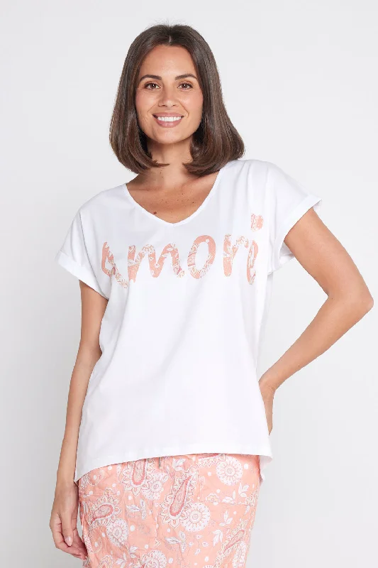 Yoga women's topsPrint Motif V Neck Tee - White/Peach Paisley