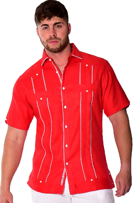 Machine-washable women's topsBohio Mens 100% Pure Linen Cuban Guayabera Shirt - Short Sleeved Pin-Tucked w/Contrast Gingham Trims MLFG2028