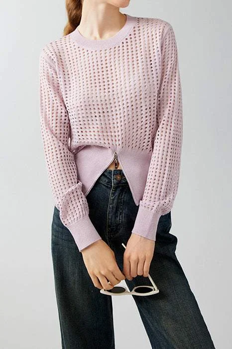 Eco-friendly women's tops透かし編み裾ジップニットトップス　5色入