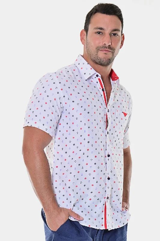 Party women's topsBohio Casual Short Sleeve Button Down Shirt Nautical Helm and Anchor Design- White/Red- MCS1957