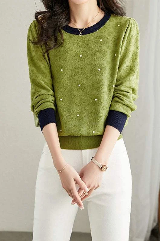 Spring women's topsパール装飾バイカラーヘムニットトップス　4色入