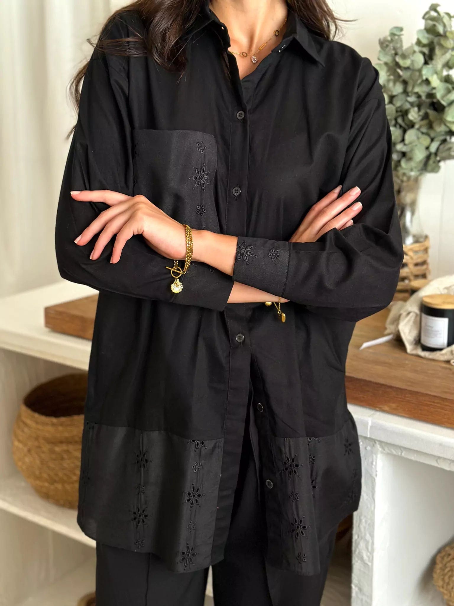 Embroidered women's topsCoal Black Button Down Shirt