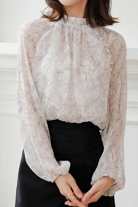 Running women's topsStand Collar Floral Raglan Sheer Blouse with Lining