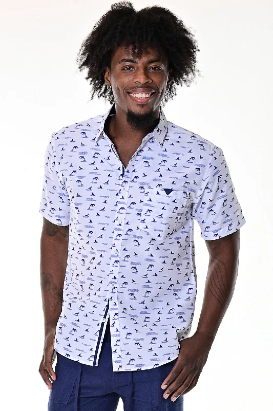 Cropped women's topsMen's Short Sleeve Shirt for Men w/Dolphin Design Print - White/Navy