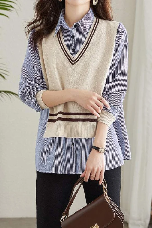 Easy-care women's topsレイヤード風ストライプ柄ベスト切替ブラウス　3色入