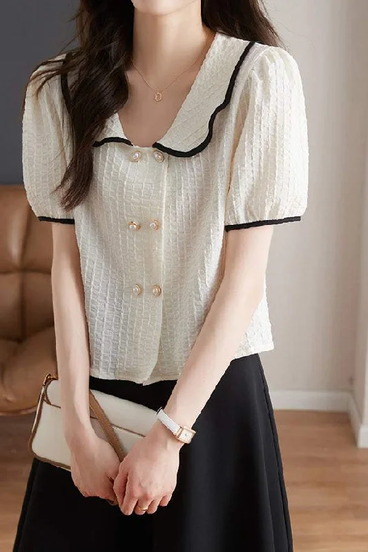 Mustard yellow women's topsPeter Pan Collar Piping Hem Blouse