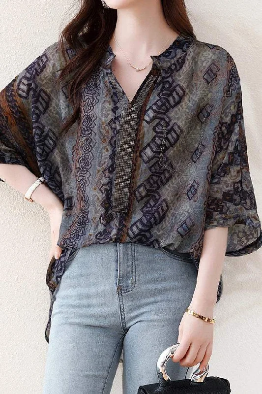 Scoop neck women's topsSkipper Collar Rhinestone Decor Printed Tunic