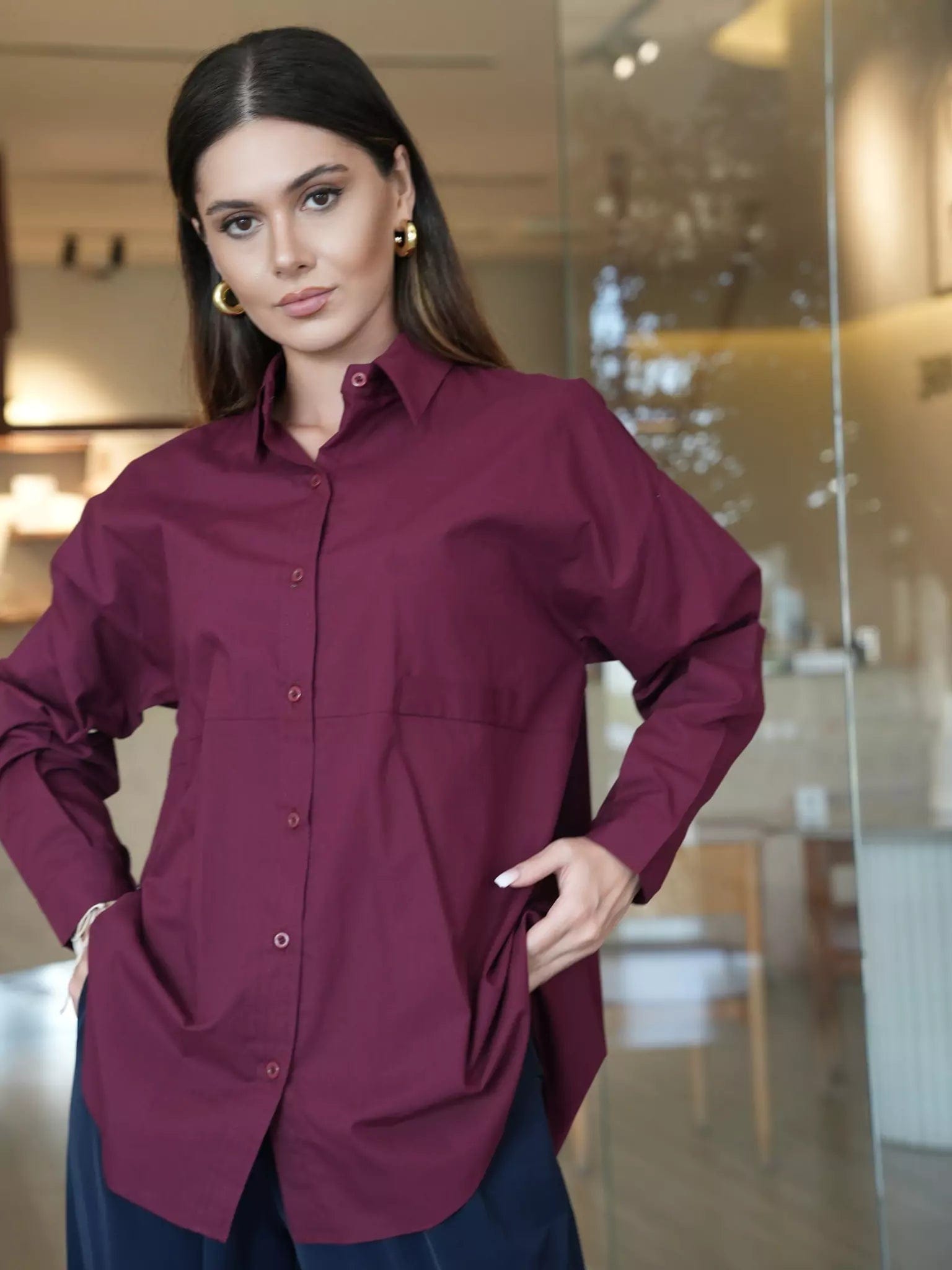 High-low hem women's topsOrient Plum Button Down Shirt