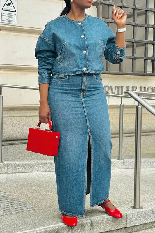 Maxi dresses for womenGradient Denim Pocket Classic Mid Split Dress Suit