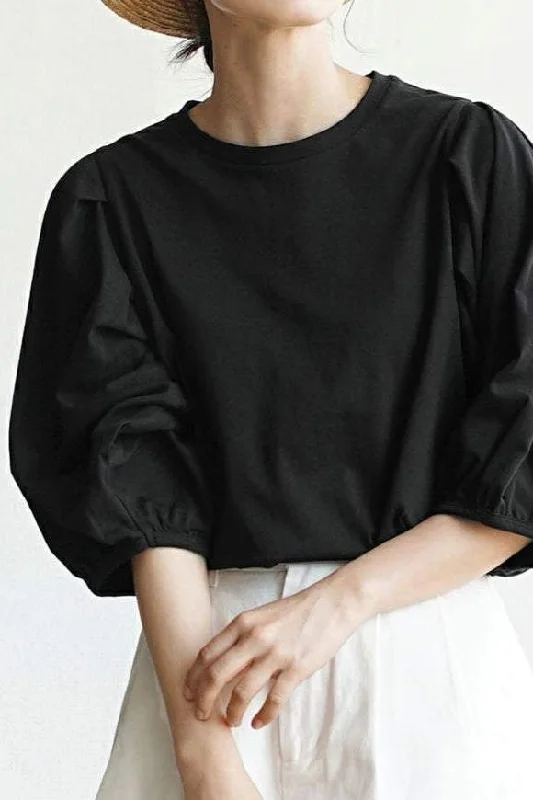 Lace-up women's topsRound Neck Volume Sleeve Cut Sew - 4 Colors Available