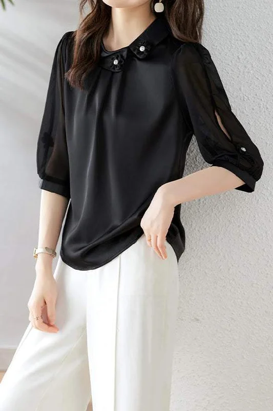 Elegant women's topsDiagonal Shirt Collar 3D Flower Pearl Decor Satin Blouse - 2 Colors Available
