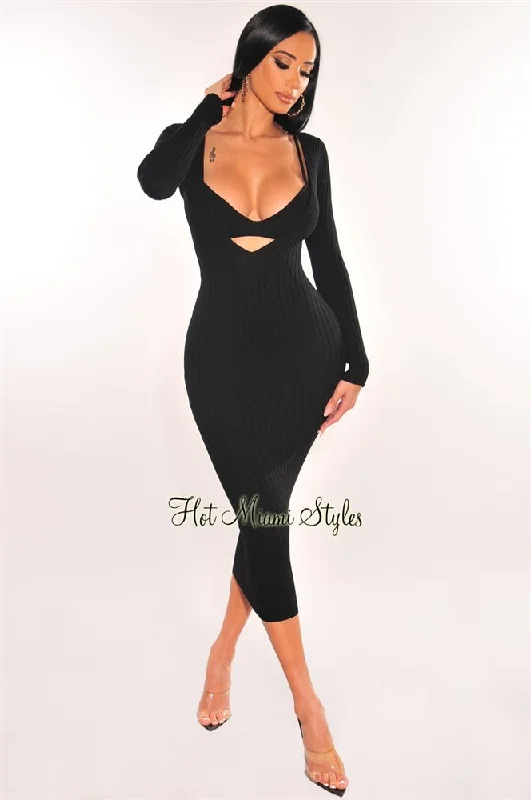 Evening women's dressesBlack Ribbed Knit Plunge Neck Long Sleeve Midi Dress + Bralette