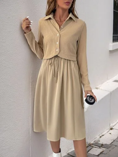 Long-sleeved dresses for womenPerfee Two Piece Collared Neck Long Sleeve Midi Dress