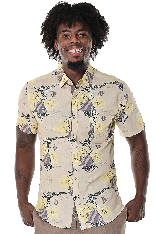 Designer women's topsBohio Men's Linen Button-Down Shirt w/Pocket Tropical Angel Fish Hibiscus Print Beige-MLSP1694