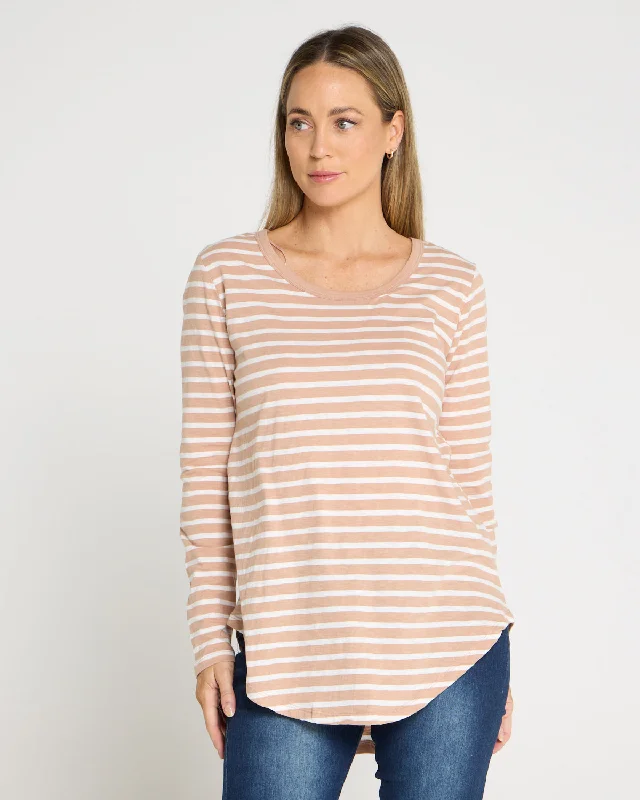 Cardigan-style women's topsMegan Long Sleeve Cotton Basic Top - Beige Stripe