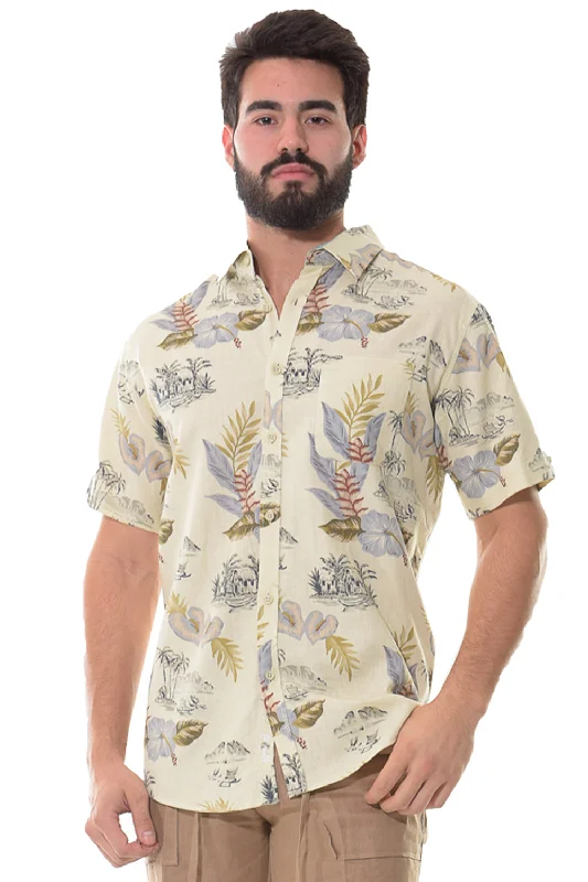 UV-protective women's topsBohio Men's Short Sleeve Tropical Hibiscus Print Linen Shirt w/Pocket-MLSP1189