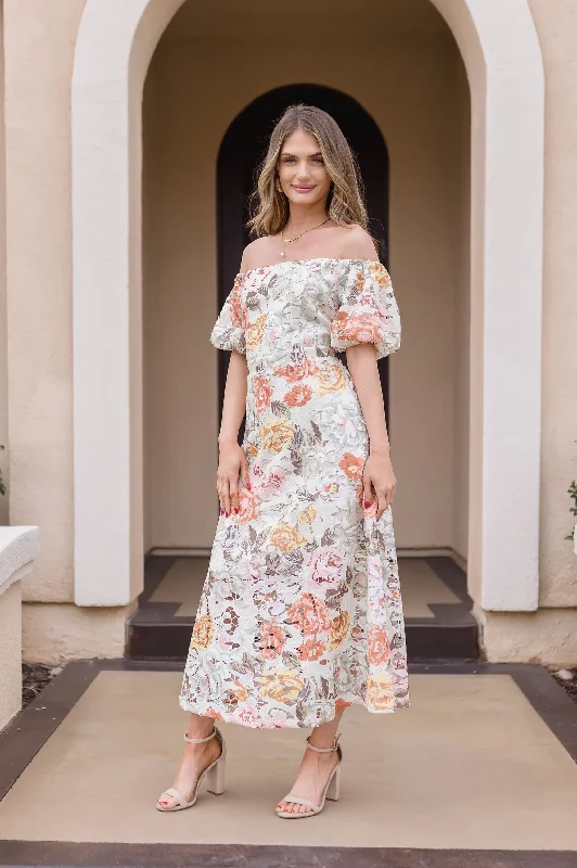 Ruched dresses for womenOlivia Off The Shoulder Floral Crochet lace Midi Dress Sage