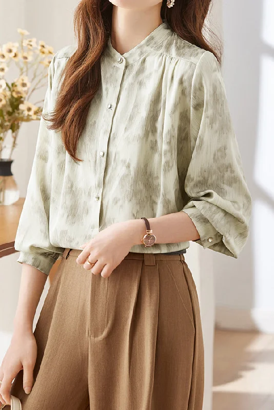 Moisture-wicking women's topsBand Collar Art Print Gathered Blouse - 2 Colors Available