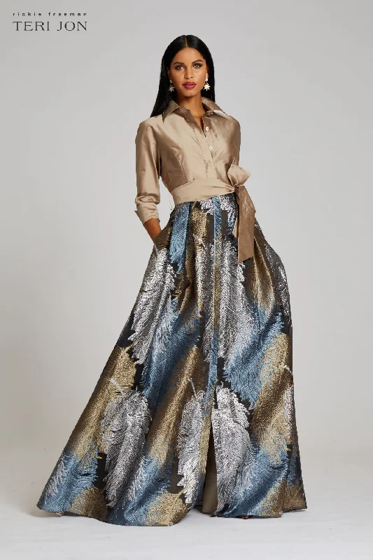 Yoga women's topsTaffeta Shirt Gown With Feather Pattern