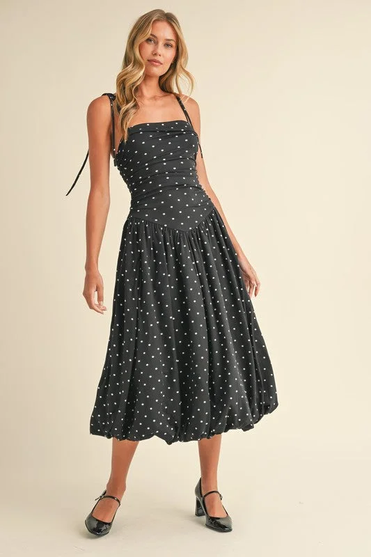 Wrap dresses for womenEverly Sleeveless Shoulder Tie Polka Dot Print Bubble Midi Dress Black
