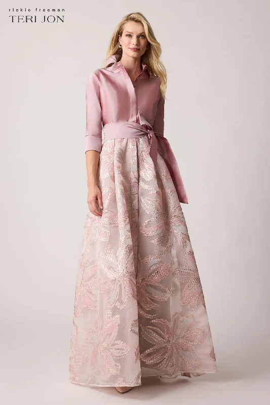 Women's casual topsMetallic Taffeta Floral Organza Shirt Waist Gown