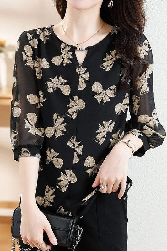 Suede women's topsKeyhole Neck Bijou Decor Ribbon Print Puff Blouse