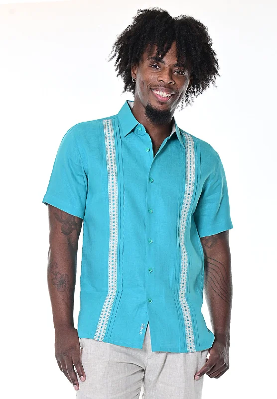 Button-down women's topsBohio 100% Linen Mens Short Sleeves Fancy Pin Tucked Ribbon (2) Panel Embroidery Shirt in (2) Colors-MLS1268