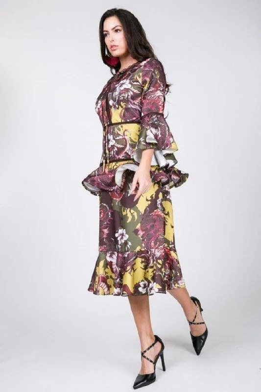 Silk dresses for womenCascade Ruffle Sleeve Frill Tiered Bottom Print Midi Dress