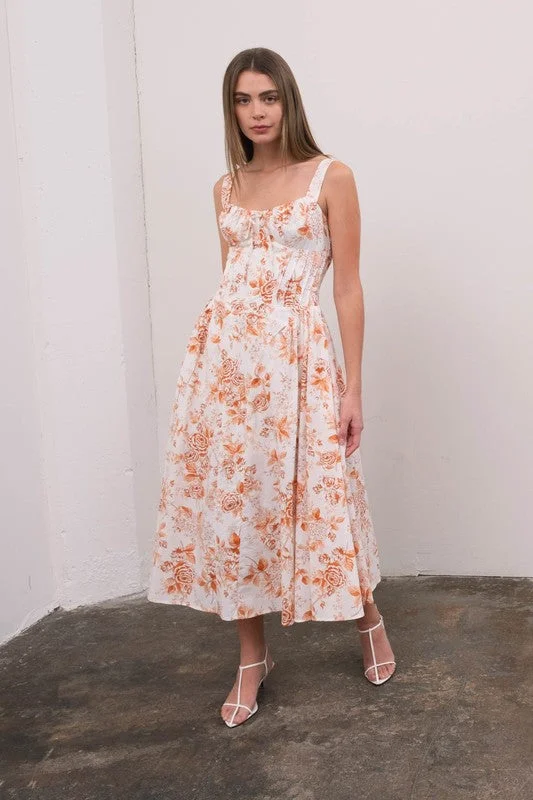 Plunging neckline dresses for womenMaggie Sleeveless Corset Floral Print Midi Dress Ivory