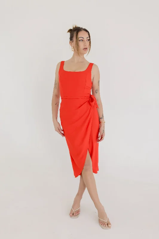 Sustainable dresses for eco-conscious womenBrynn Sleeveless Tulip Hem Wrap Linen Midi Dress Red
