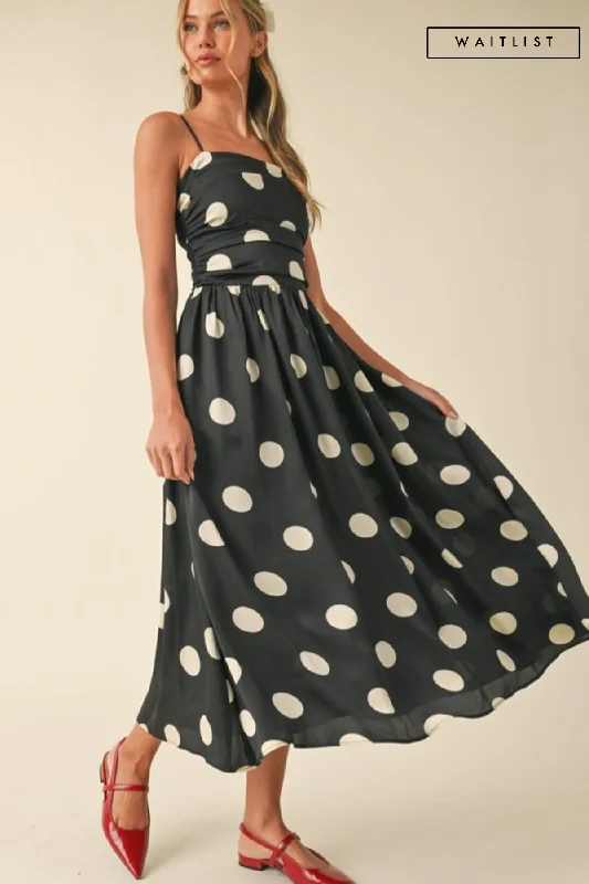Maxi dresses for womenWaitlist 5/7 ♥ Grace Sleeveless Ruched Polka Dot Print Midi Dress Black