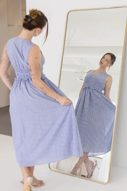 Bridal dresses for womenLeigh Sleeveless Stripe Print Shirred Waist Midi Dress Blue