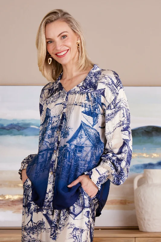 Geometric print women's topsDimitra Satin Shirt - Navy/Cream