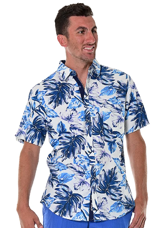 Limited edition women's topsBohio Men's Short Sleeve Linen Shirt w/Pocket Tropical Palms in White/Blue-MLSP486
