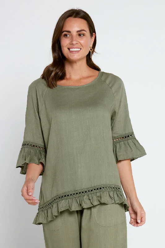 Polka dot women's topsLorelei Linen Top - Khaki