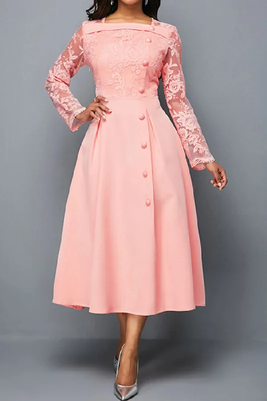Long-sleeved dresses for womenSolid Color Sweet Lace Patchwork Midi Dress