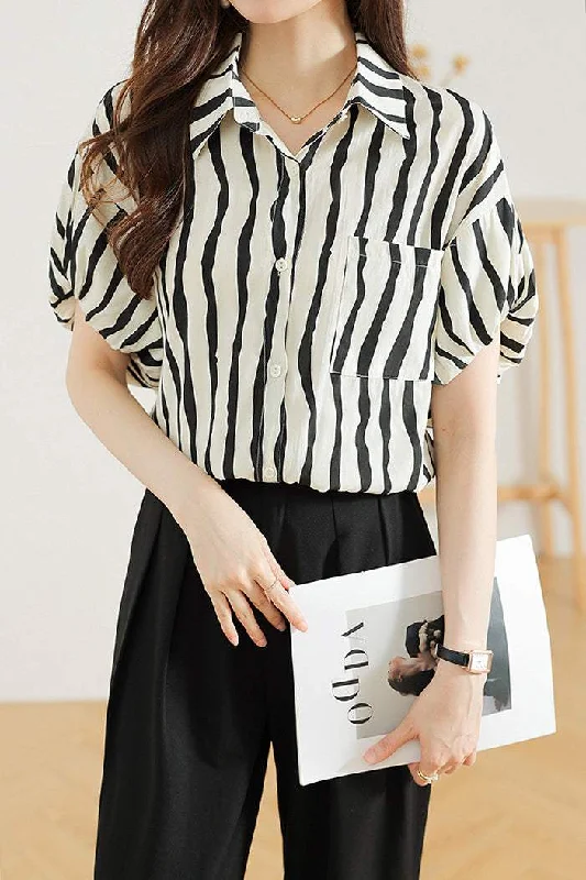 Embroidered women's topsShirt Collar Wavy Stripe Balloon Sleeve Blouse