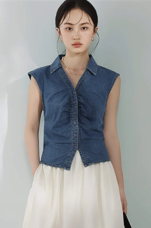 Tall women's topsSkipper Collar Gathered Denim Gilet