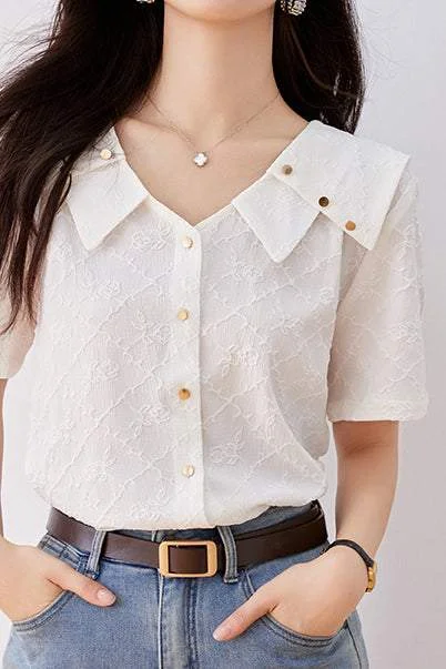 Transitional women's topsButton Decor Diamond Floral Jacquard Blouse