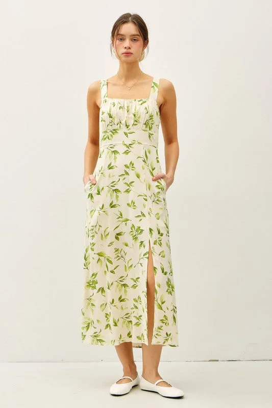 Cold-shoulder dresses for womenRachel Sleeveless Floral Print Linen Midi Dress Green