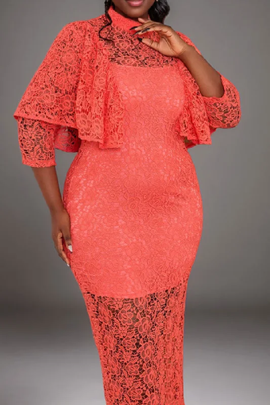 Limited edition dresses for collectorsRed Cutout Floral Lace Ruffles Unusual Midi Dress (With Inner Layer)