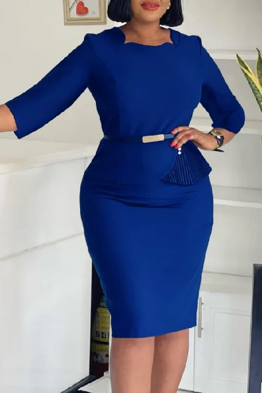 Lantern sleeve dresses for womenSolid Color Commuting Irregular Peplum Belted Midi Dress